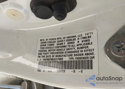 2012 Honda Civic Ex from USA, damaged, VIN 19XFB2F88CE315850